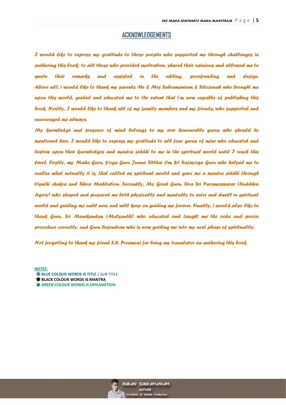Sri Maha Athisakti Maha Mantiram acknowledgements page
